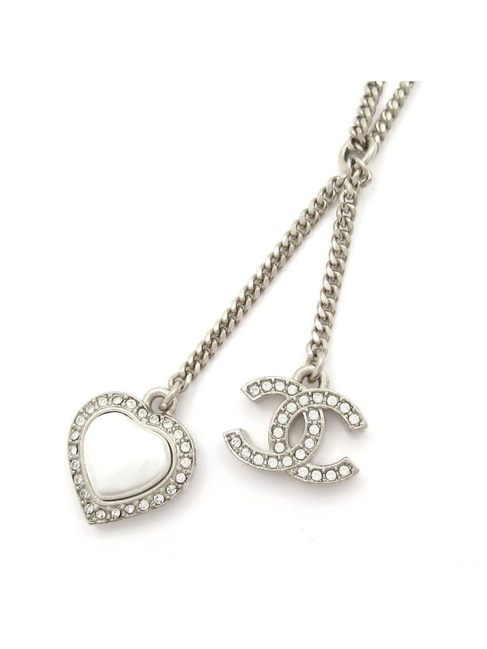 Chanel Necklace CC Logo Silver Clear White Rhinestone Pearl Heart